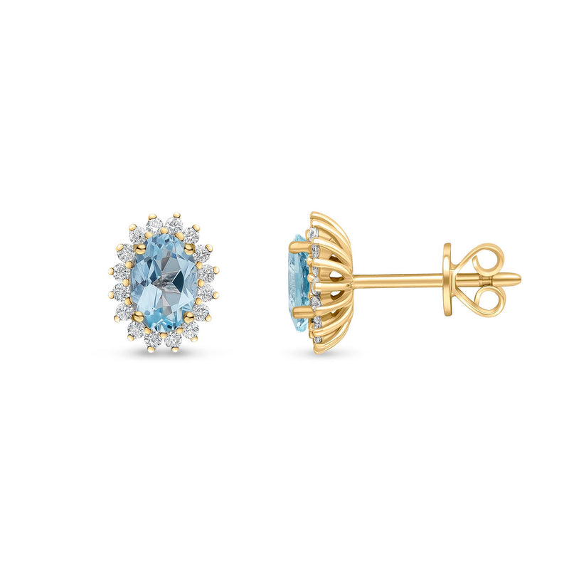 18ct Yellow Gold Oval Natural Aquamarine & Diamond Claw Set Cluster Stud Earrings — 6x4mm