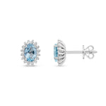 18ct White Gold Oval Natural Aquamarine & Diamond Claw Set Cluster Stud Earrings — 6x4mm