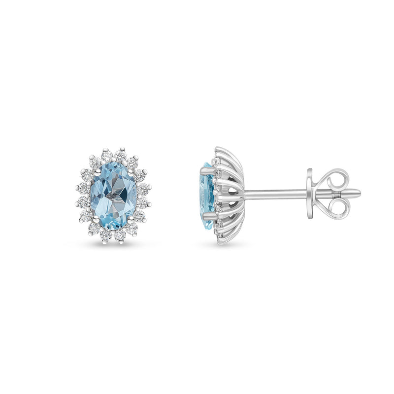 18ct White Gold Oval Natural Aquamarine & Diamond Claw Set Cluster Stud Earrings — 6x4mm