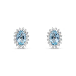 18ct White Gold Oval Natural Aquamarine & Diamond Claw Set Cluster Stud Earrings — 6x4mm