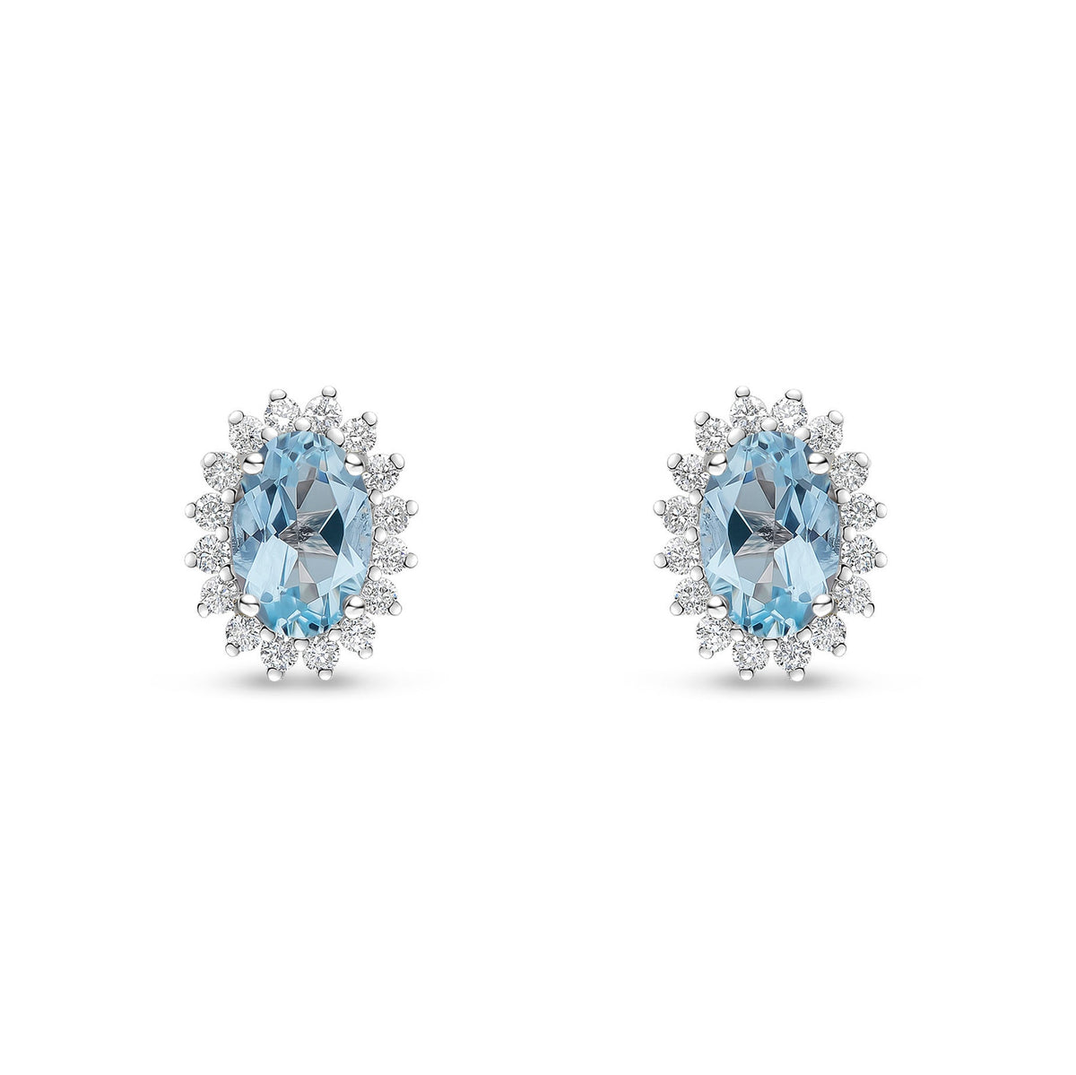 18ct White Gold Oval Natural Aquamarine & Diamond Claw Set Cluster Stud Earrings — 6x4mm