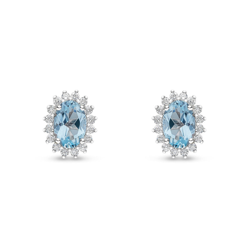 18ct White Gold Oval Natural Aquamarine & Diamond Claw Set Cluster Stud Earrings — 6x4mm