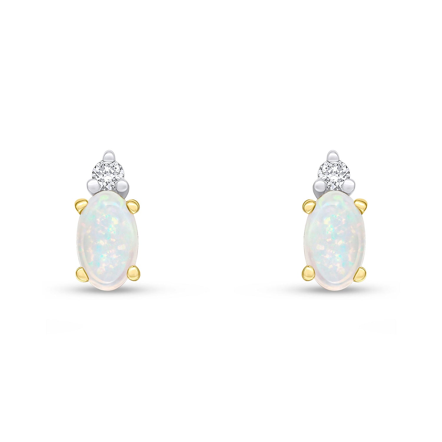 18ct Yellow Gold Oval Natural Opal and Round Diamond Two Stone Stud Earrings — 5x3mm