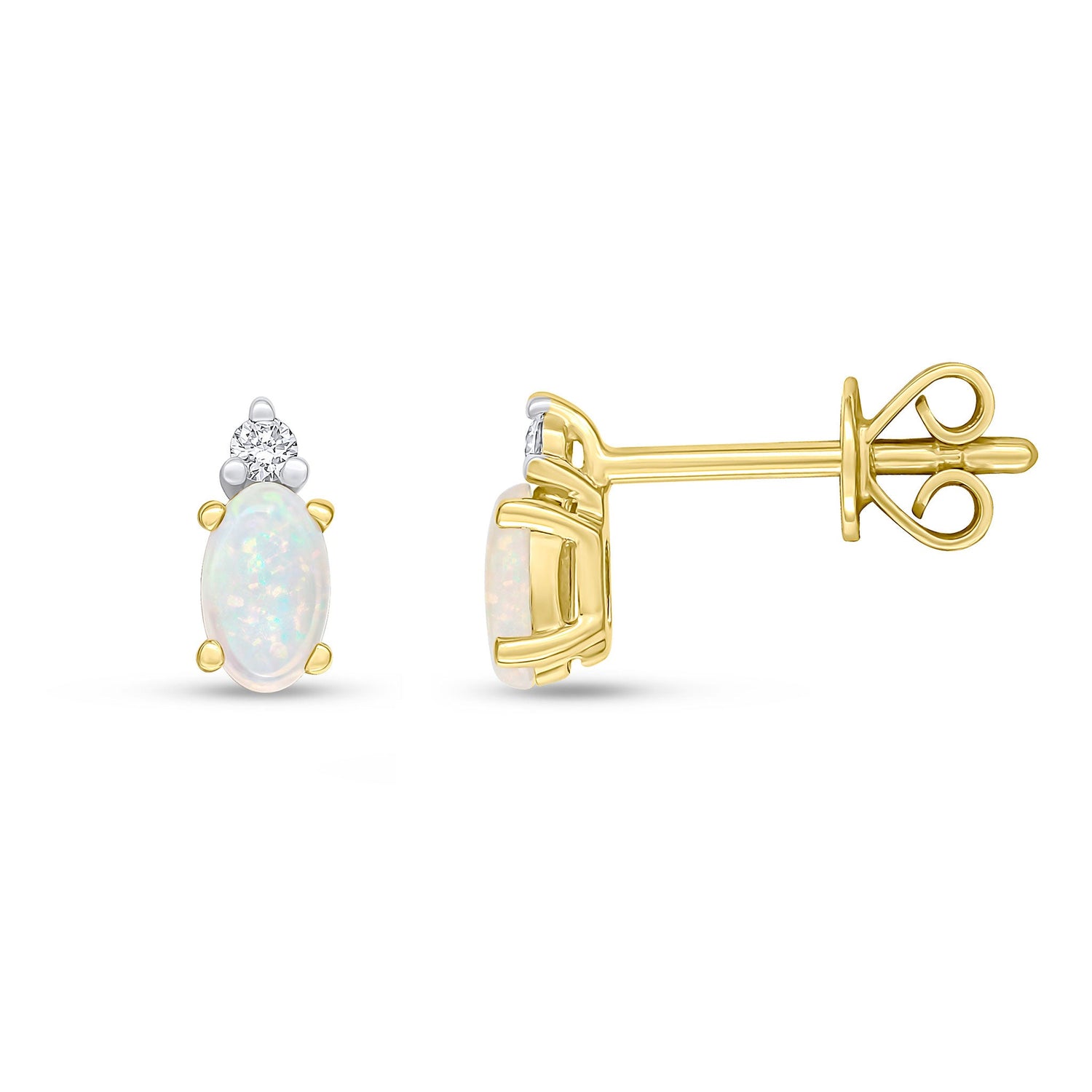 18ct Yellow Gold Oval Natural Opal and Round Diamond Two Stone Stud Earrings — 5x3mm