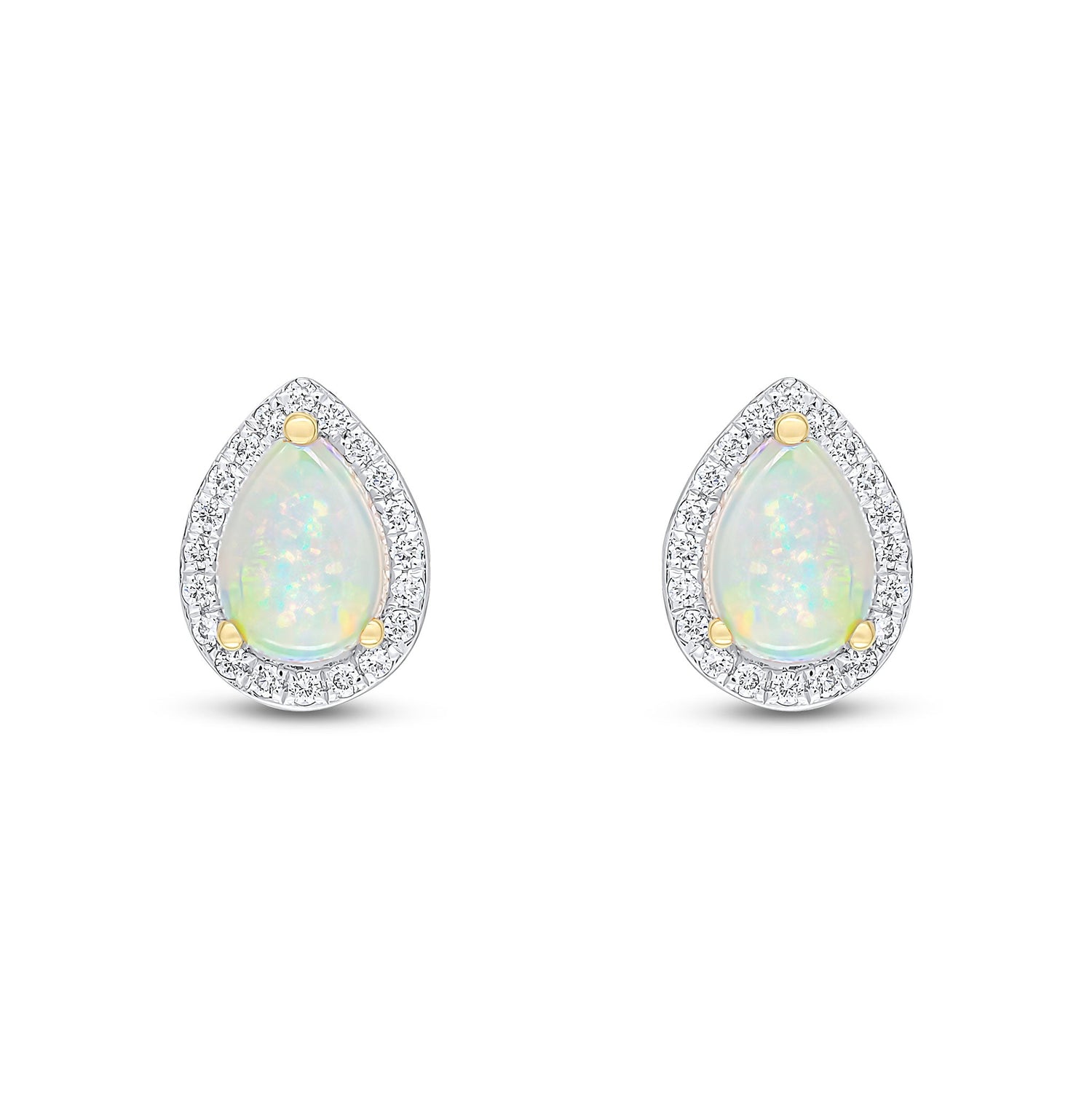 18ct Yellow Gold Pear Shaped Natural Opal and Grain Set Diamond Cluster Stud Earrings — 7x5mm