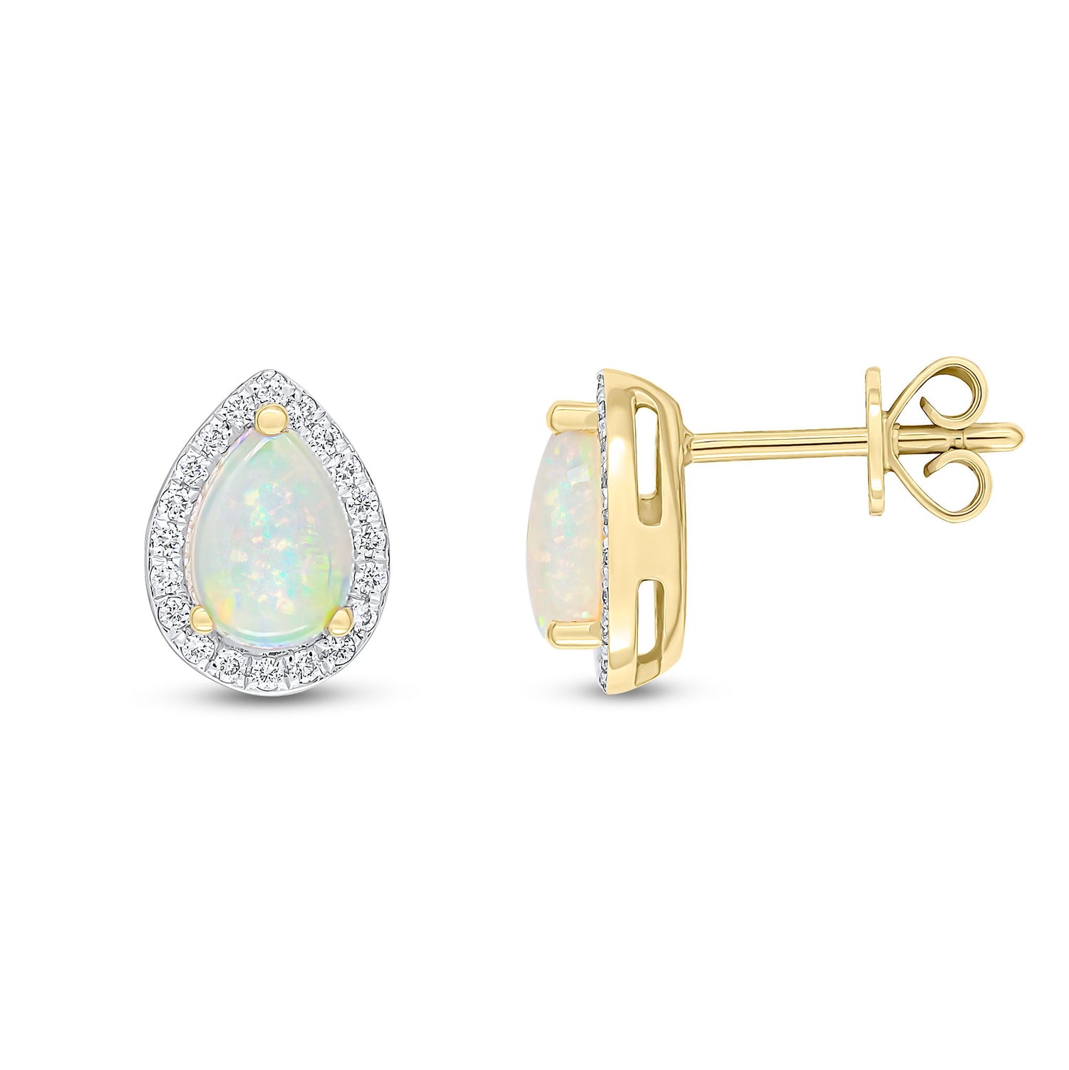 18ct Yellow Gold Pear Shaped Natural Opal and Grain Set Diamond Cluster Stud Earrings — 7x5mm