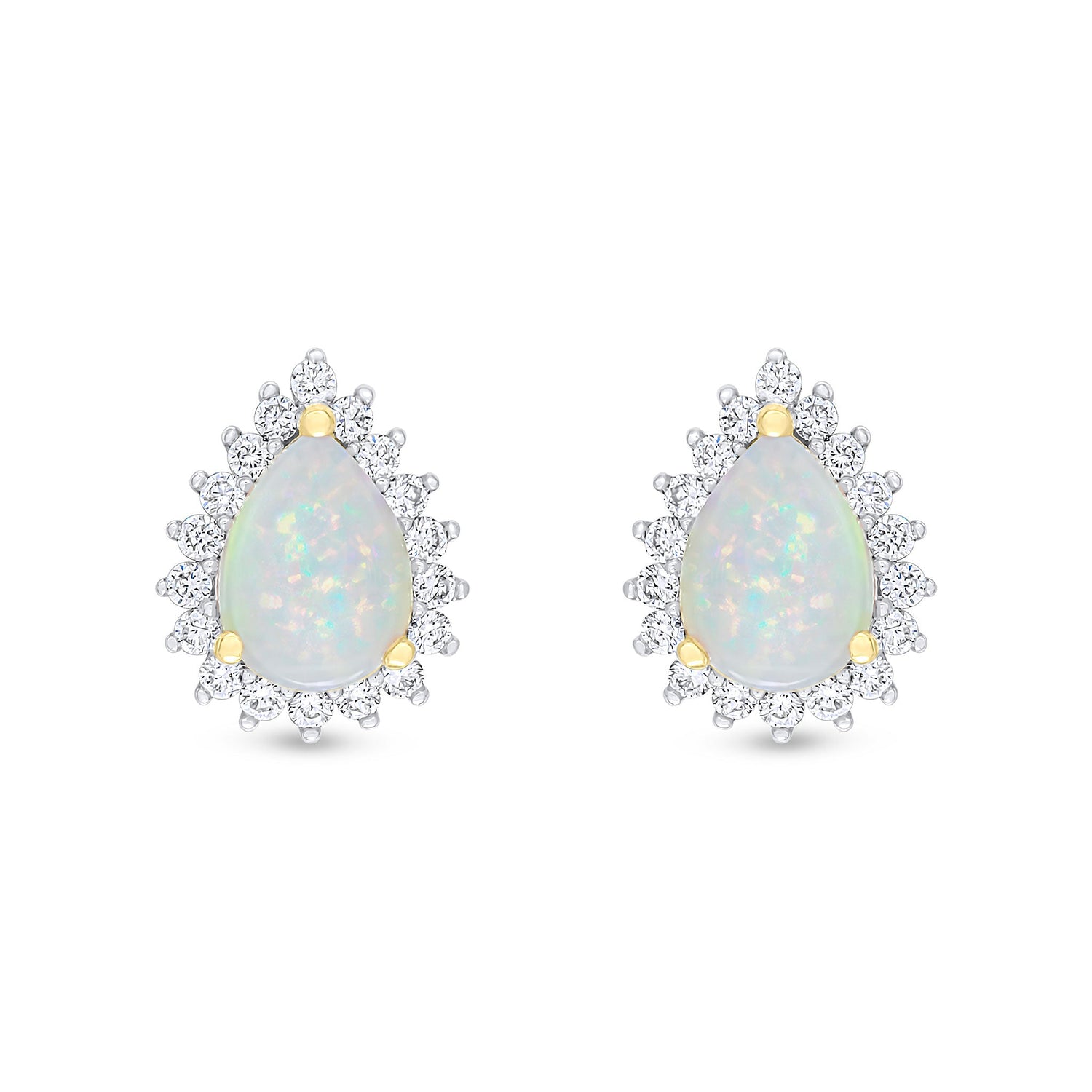 18ct Yellow Gold Pear Shaped Natural Opal and Diamond Cluster Stud Earrings — 8x6mm