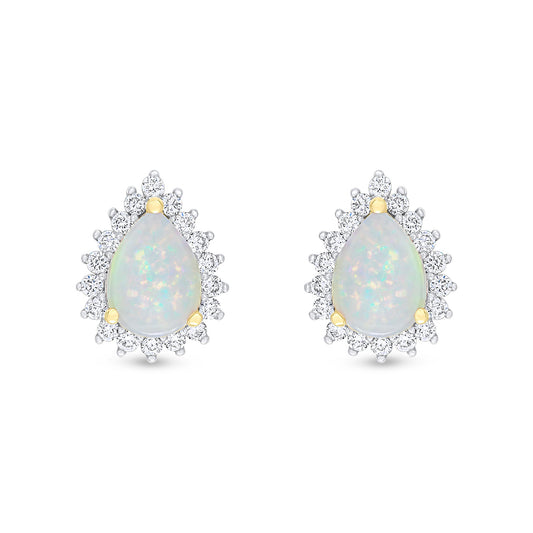 18ct Yellow Gold Pear Shaped Natural Opal and Diamond Cluster Stud Earrings — 8x6mm