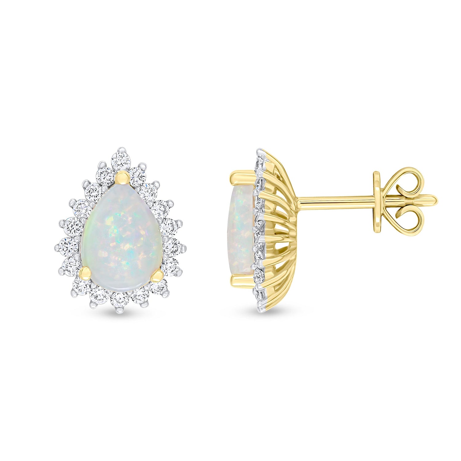 18ct Yellow Gold Pear Shaped Natural Opal and Diamond Cluster Stud Earrings — 8x6mm