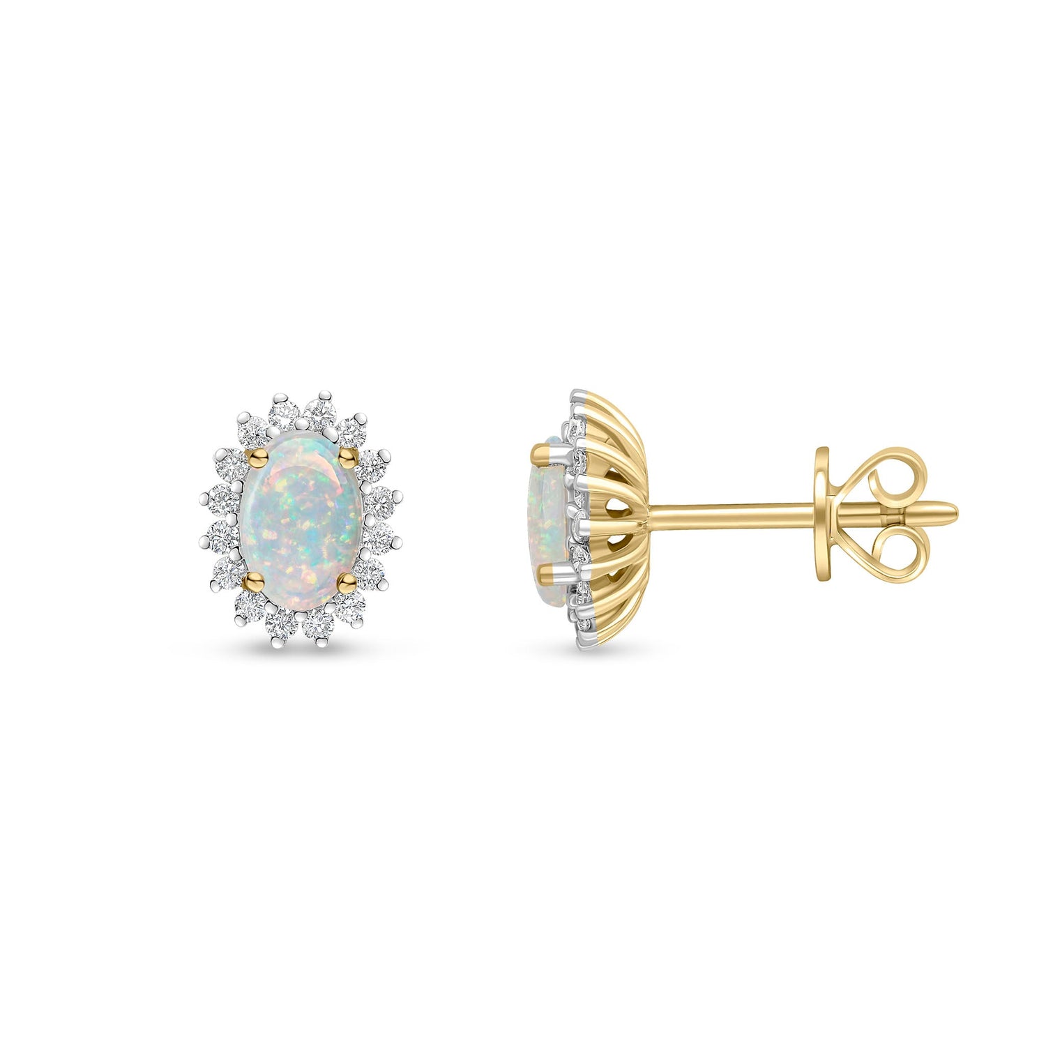 18ct Yellow Gold Oval Natural Opal and Diamond Claw Set Cluster Stud Earrings — 6x4mm