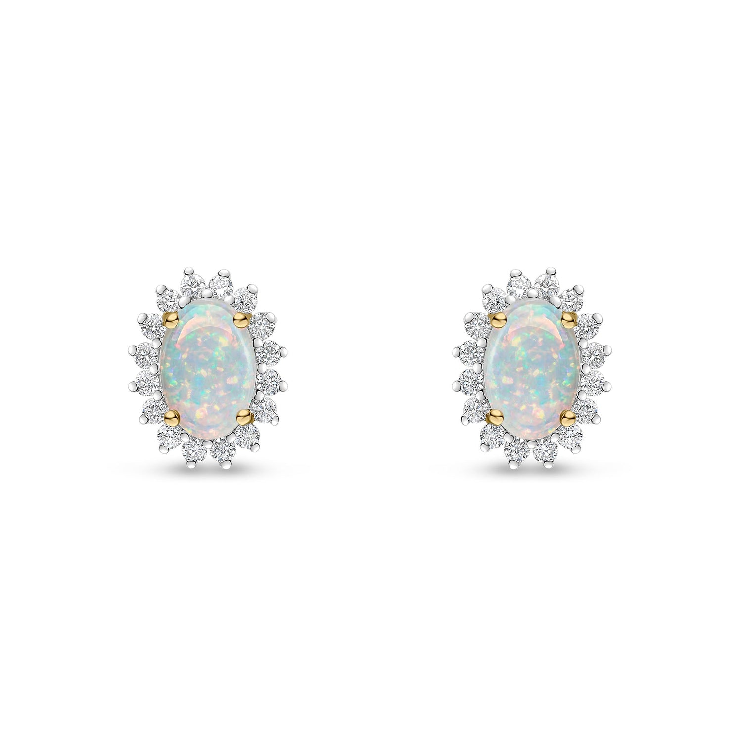 18ct Yellow Gold Oval Natural Opal and Diamond Claw Set Cluster Stud Earrings — 6x4mm