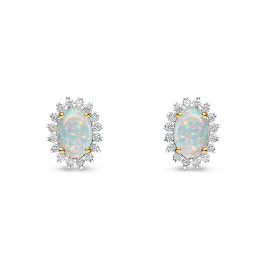 18ct Yellow Gold Oval Natural Opal and Diamond Claw Set Cluster Stud Earrings — 6x4mm