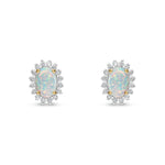 18ct Yellow Gold Oval Natural Opal & Diamond Claw Set Cluster Stud Earrings — 6x4mm