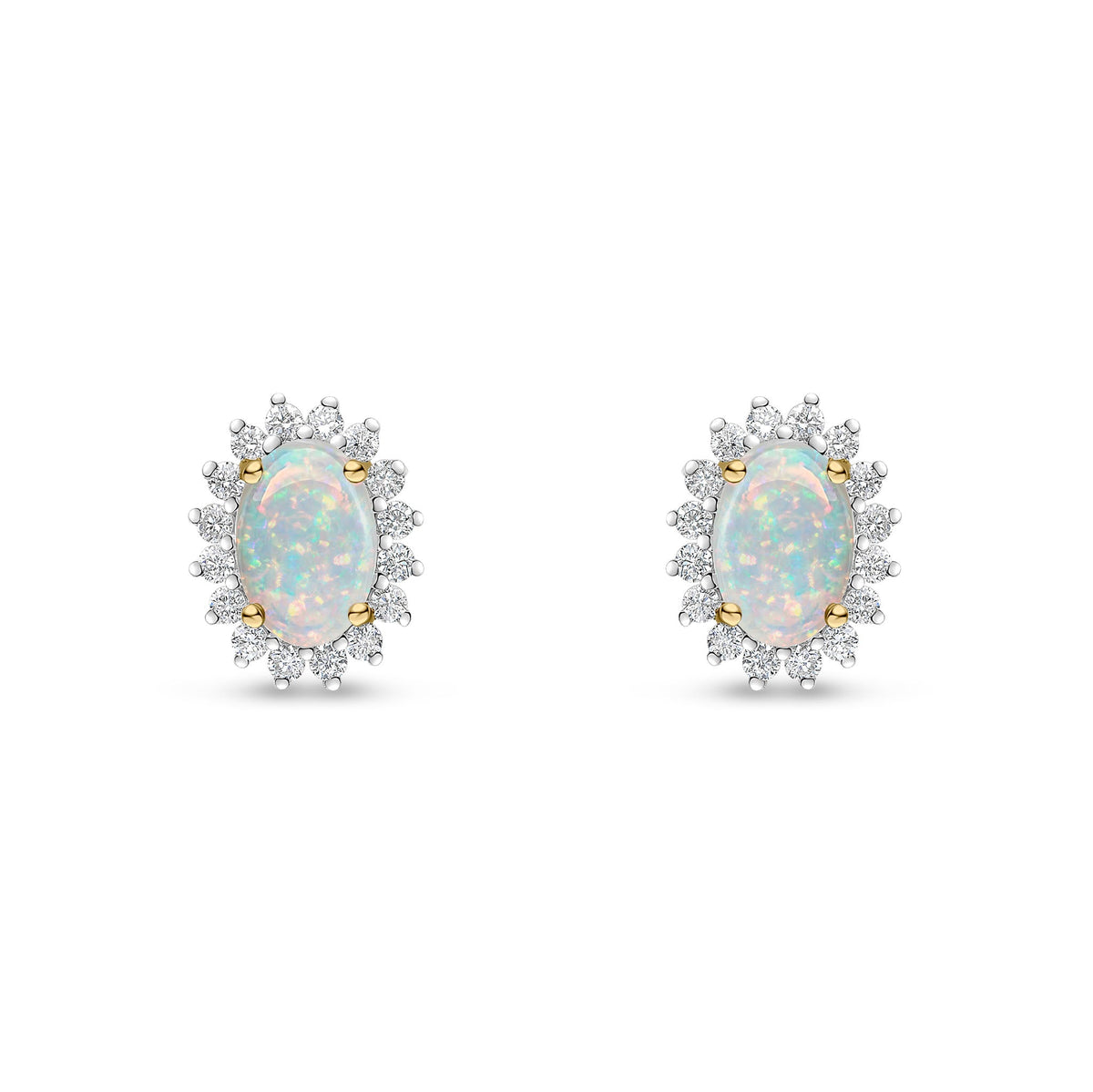 18ct Yellow Gold Oval Natural Opal & Diamond Claw Set Cluster Stud Earrings — 6x4mm