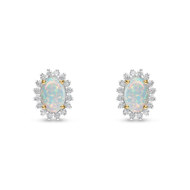 18ct Yellow Gold Oval Natural Opal & Diamond Claw Set Cluster Stud Earrings — 6x4mm