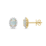 18ct Yellow Gold Oval Natural Opal & Diamond Claw Set Cluster Stud Earrings — 6x4mm