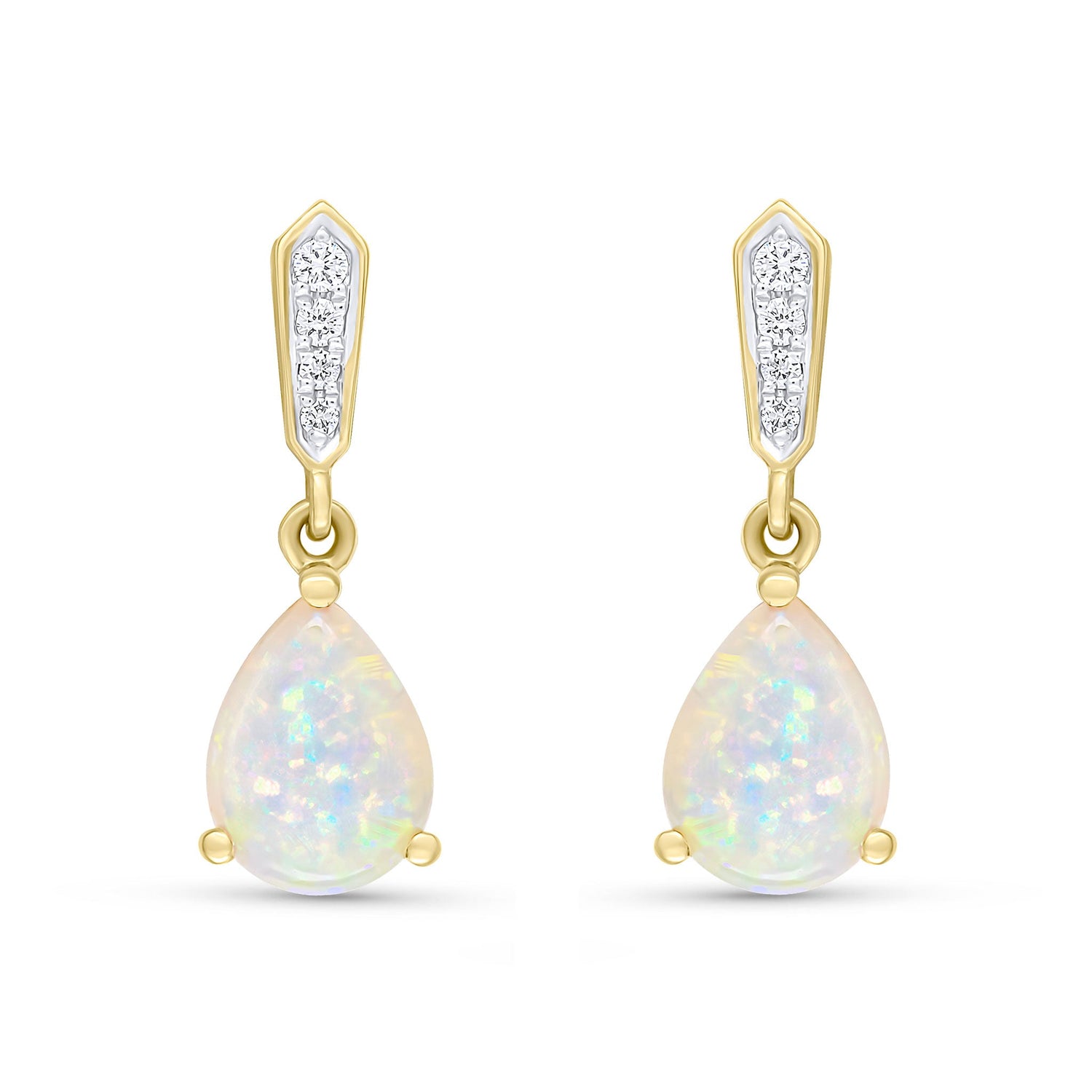 18ct Yellow Gold Pear Shaped  Natural Opal and Grain Set Diamond Bar Drop Earrings — 8x6mm