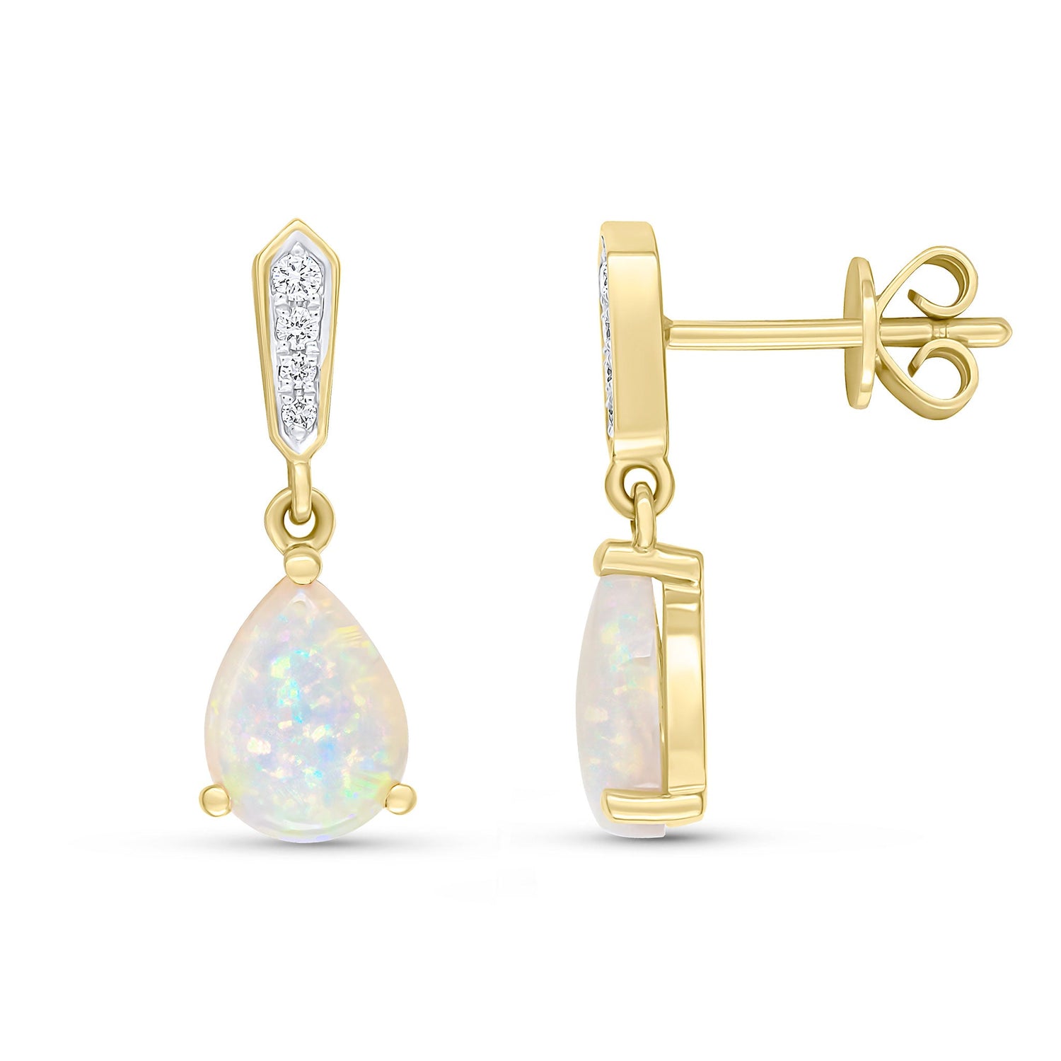 18ct Yellow Gold Pear Shaped  Natural Opal and Grain Set Diamond Bar Drop Earrings — 8x6mm