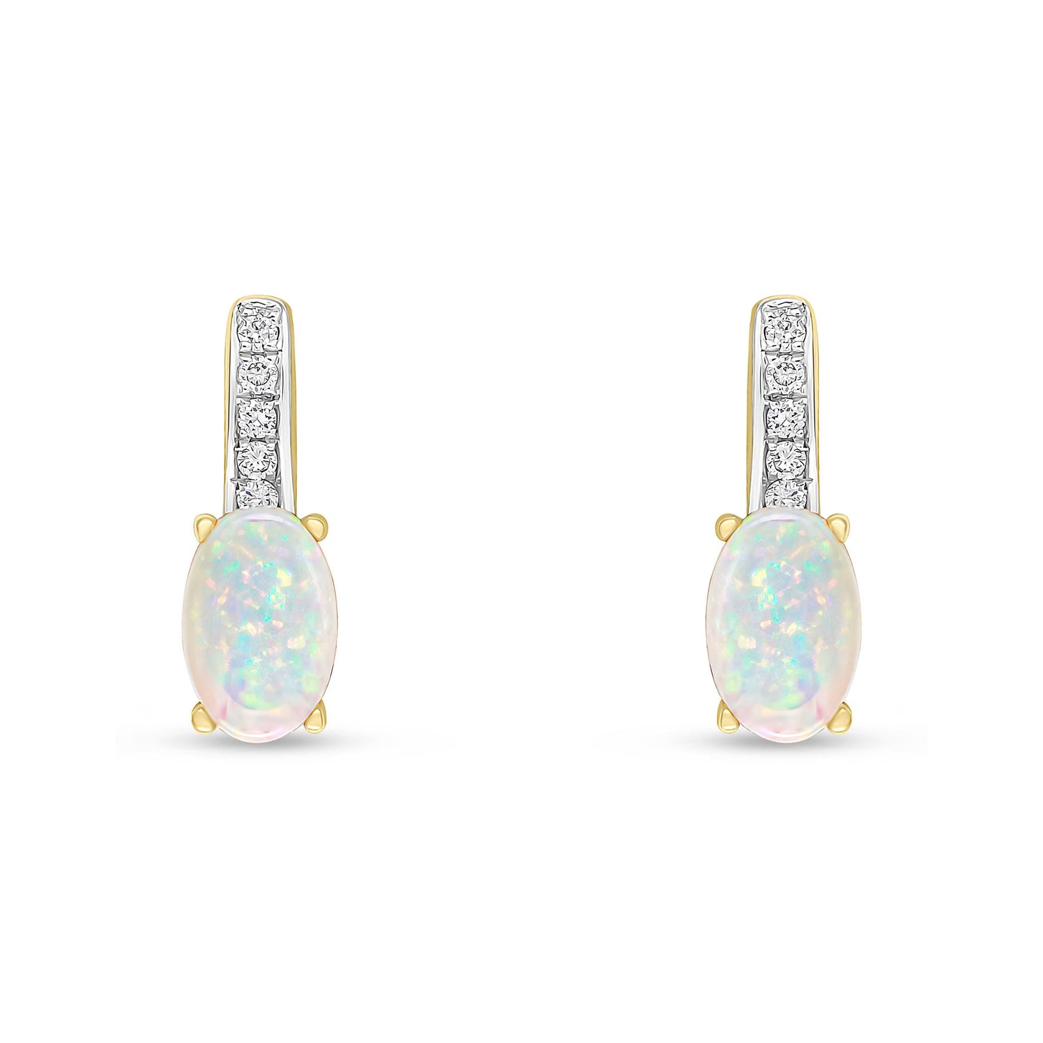 18ct Yellow Gold Oval Natural Opal and Diamond Bar Stud Earrings — 6x4mm