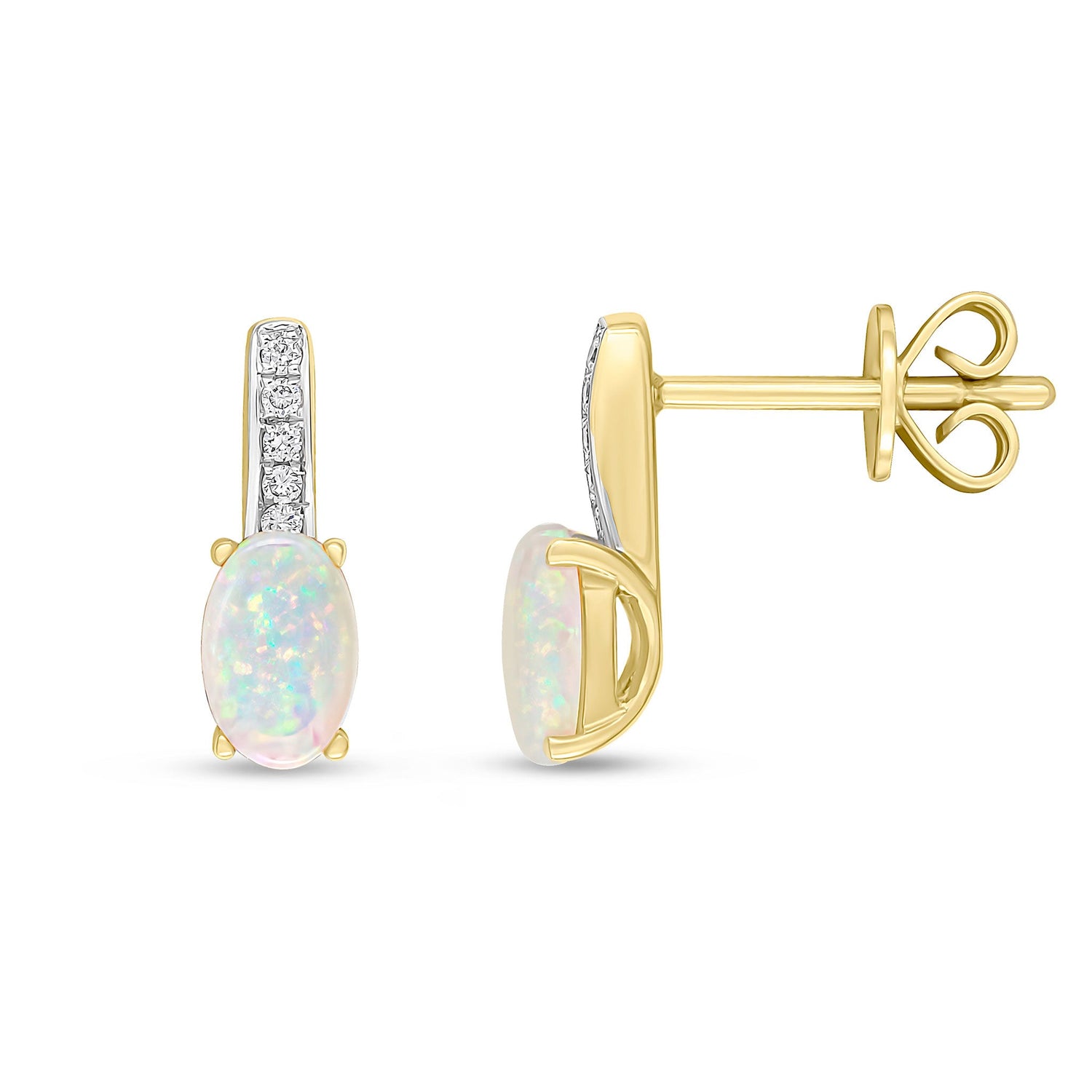18ct Yellow Gold Oval Natural Opal and Diamond Bar Stud Earrings — 6x4mm