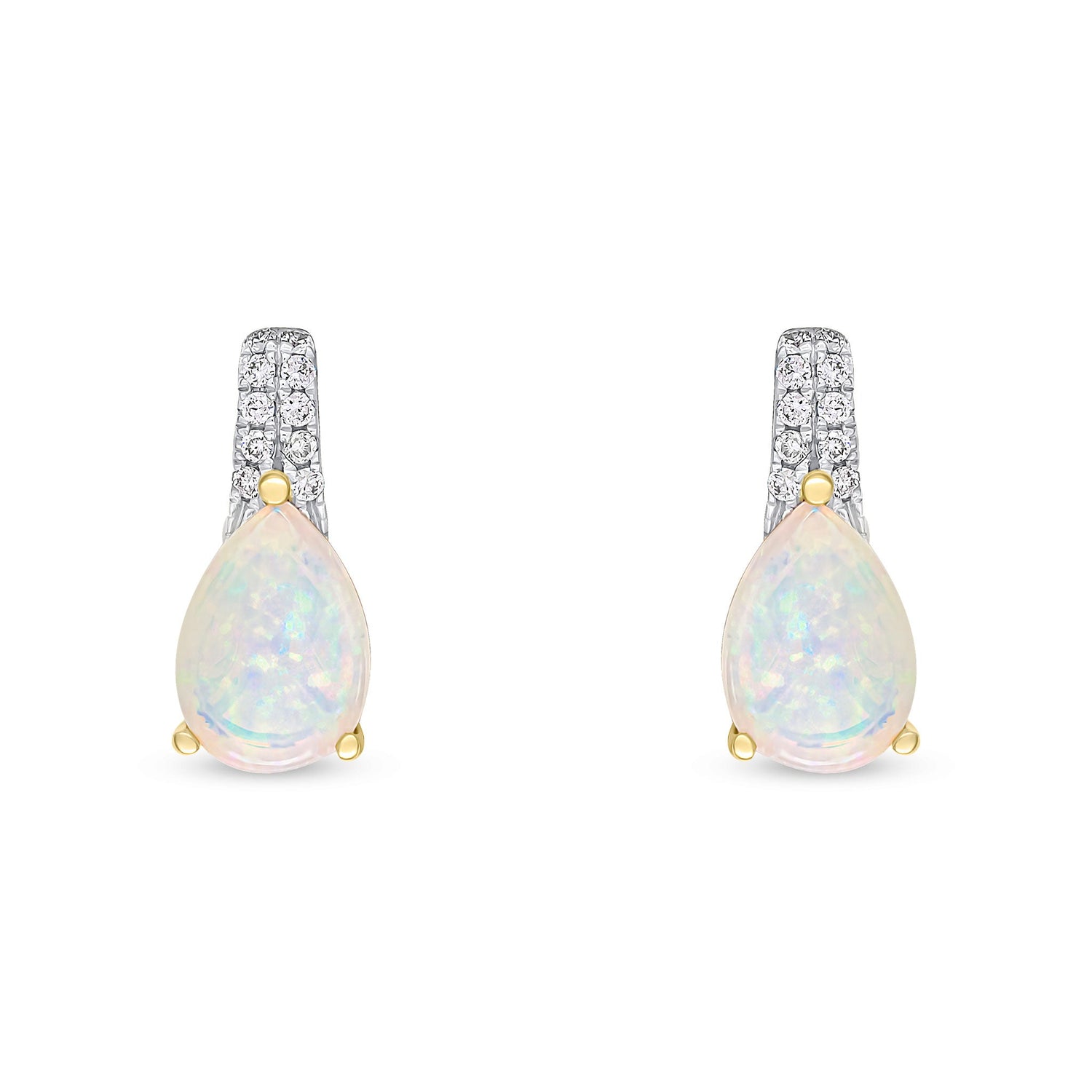 18ct Yellow Gold Pear Shaped Natural Opal and Grain Set Diamond Bar Top Stud Earrings — 7x5mm
