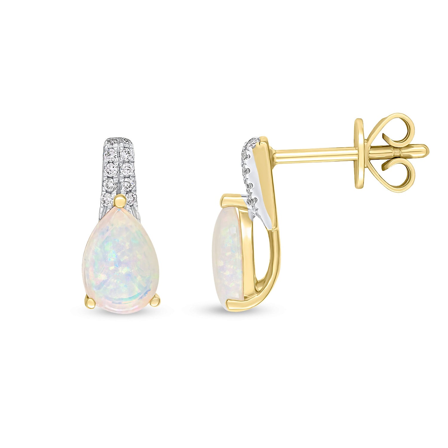 18ct Yellow Gold Pear Shaped Natural Opal and Grain Set Diamond Bar Top Stud Earrings — 7x5mm