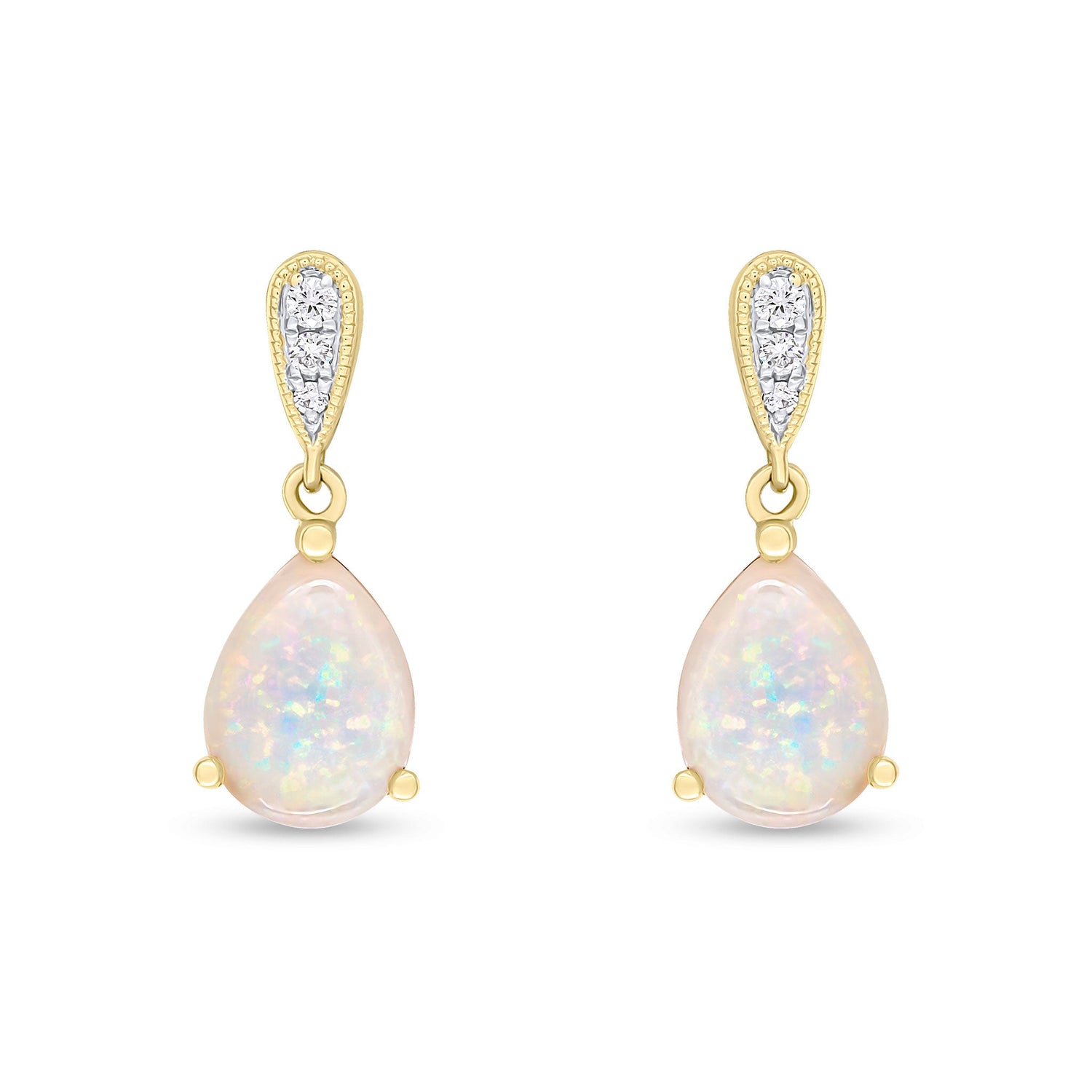 18ct Yellow Gold Pear Shaped Natural Opal and Diamond Drop Earrings — 8x6mm