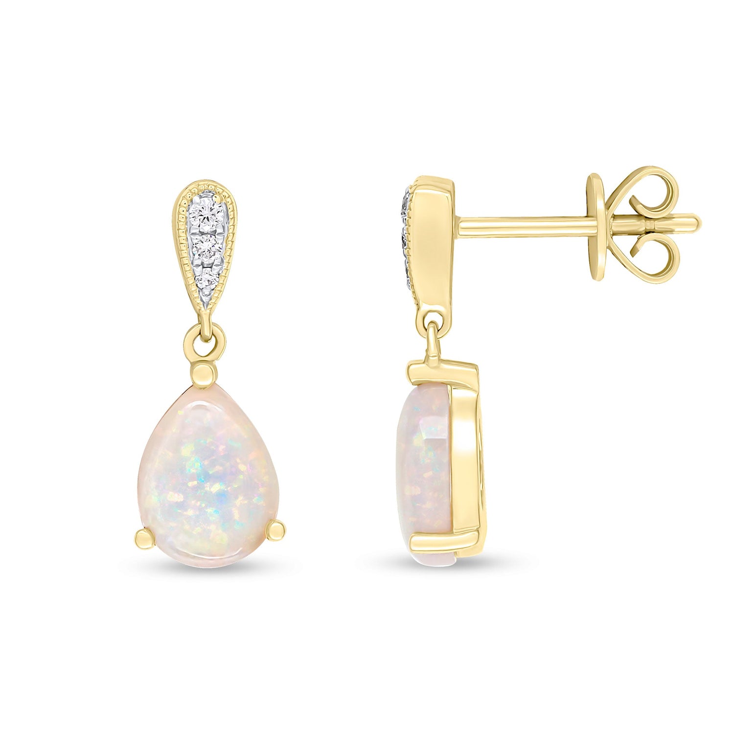 18ct Yellow Gold Pear Shaped Natural Opal and Diamond Drop Earrings — 8x6mm