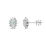 18ct White Gold Oval Natural Opal & Diamond Claw Set Cluster Stud Earrings — 6x4mm