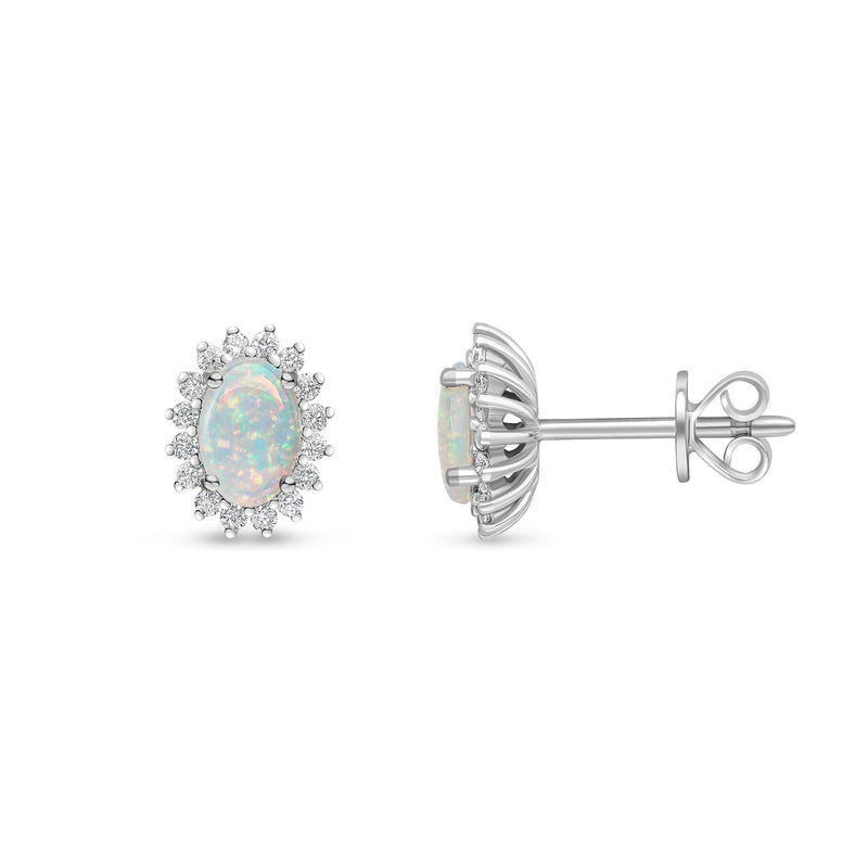 18ct White Gold Oval Natural Opal & Diamond Claw Set Cluster Stud Earrings — 6x4mm