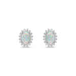 18ct White Gold Oval Natural Opal & Diamond Claw Set Cluster Stud Earrings — 6x4mm