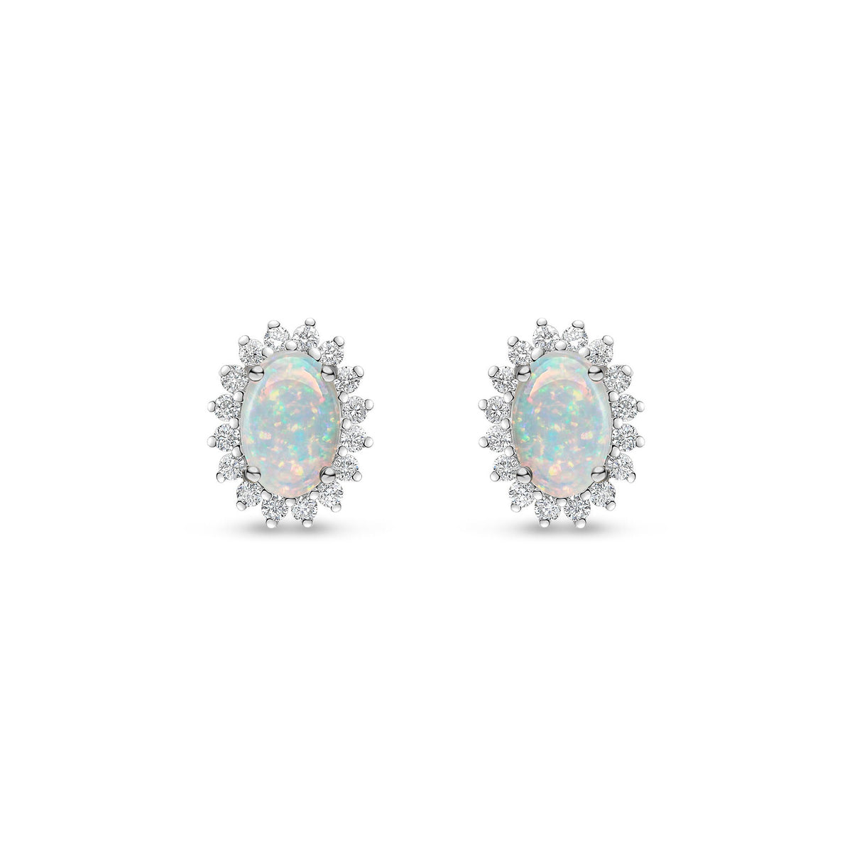 18ct White Gold Oval Natural Opal & Diamond Claw Set Cluster Stud Earrings — 6x4mm