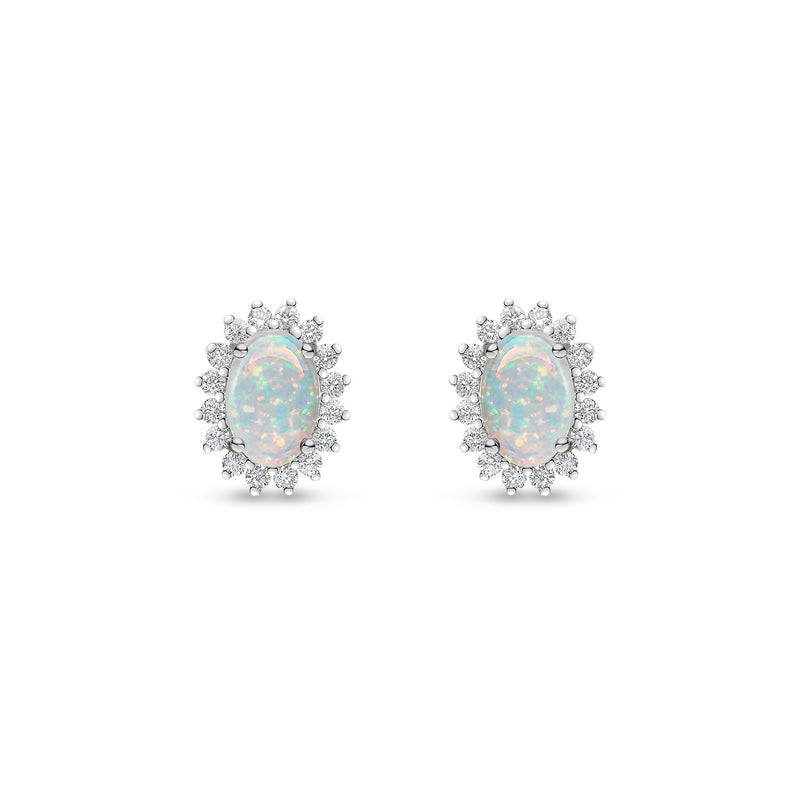 18ct White Gold Oval Natural Opal & Diamond Claw Set Cluster Stud Earrings — 6x4mm