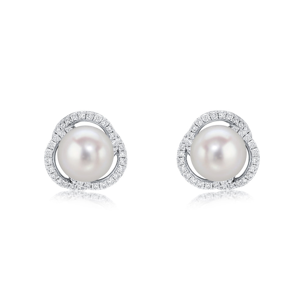 18ct White Gold Natural Freshwater Cultured Pearl and Diamond Swirl Round Cluster Earrings — 7mm-7.5mm