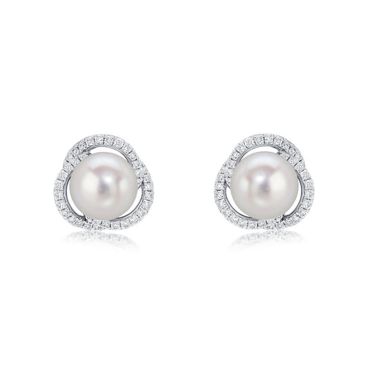 18ct White Gold Natural Freshwater Cultured Pearl and Diamond Swirl Round Cluster Earrings — 7mm-7.5mm