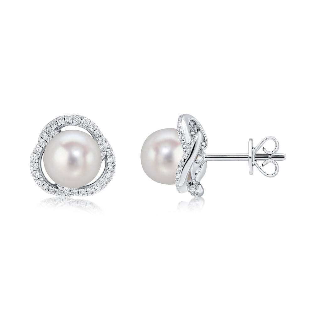 18ct White Gold Natural Freshwater Cultured Pearl and Diamond Swirl Round Cluster Earrings — 7mm-7.5mm
