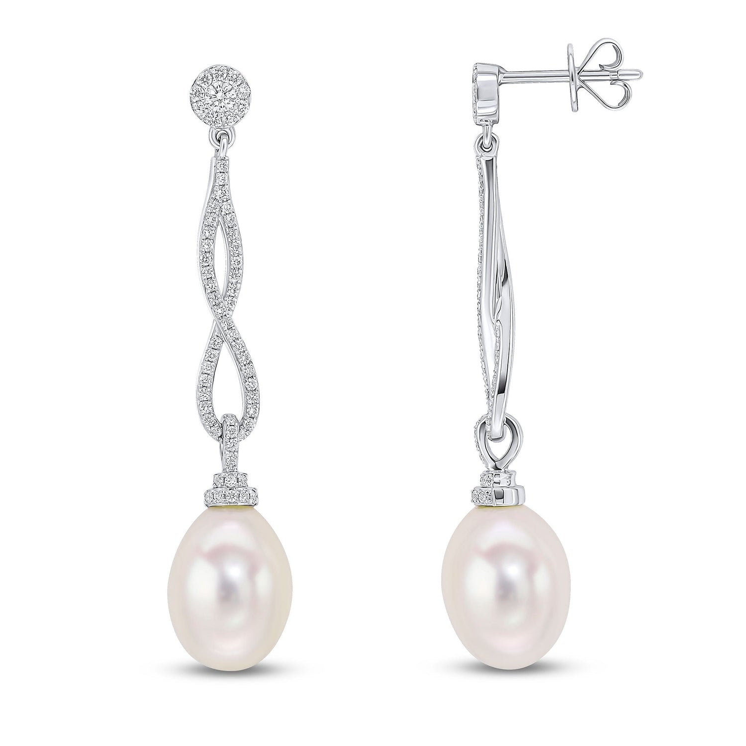 18ct White Gold Natural Diamond '8' & Pearl Drop Earrings