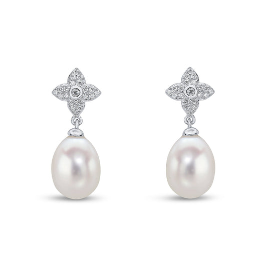 18ct White Gold Natural Pearl and Diamond Flower Top Drop Earrings
