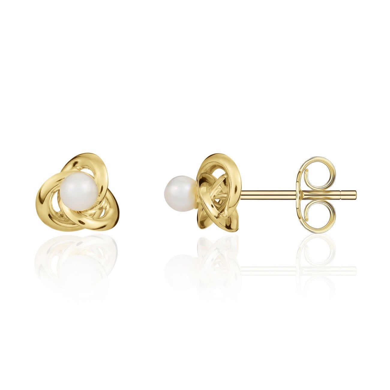 9ct Yellow Gold Knot Stud Earrings with Freshwater Cultured Natural Pearl Centre — 3.5mm