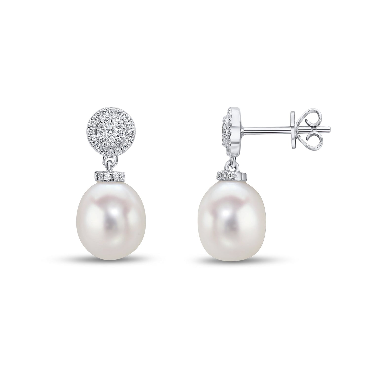 18ct White Gold Natural Pearl and Diamond 'Target' Cluster Top Drop Earrings — 8.5mm