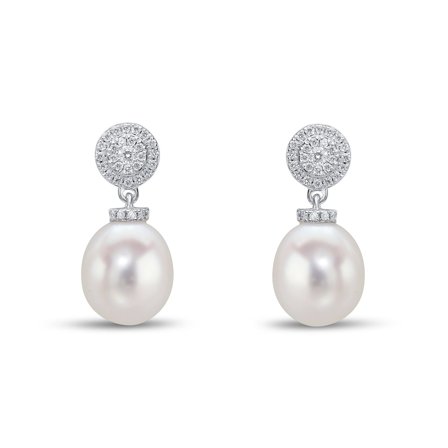18ct White Gold Natural Pearl and Diamond 'Target' Cluster Top Drop Earrings — 8.5mm