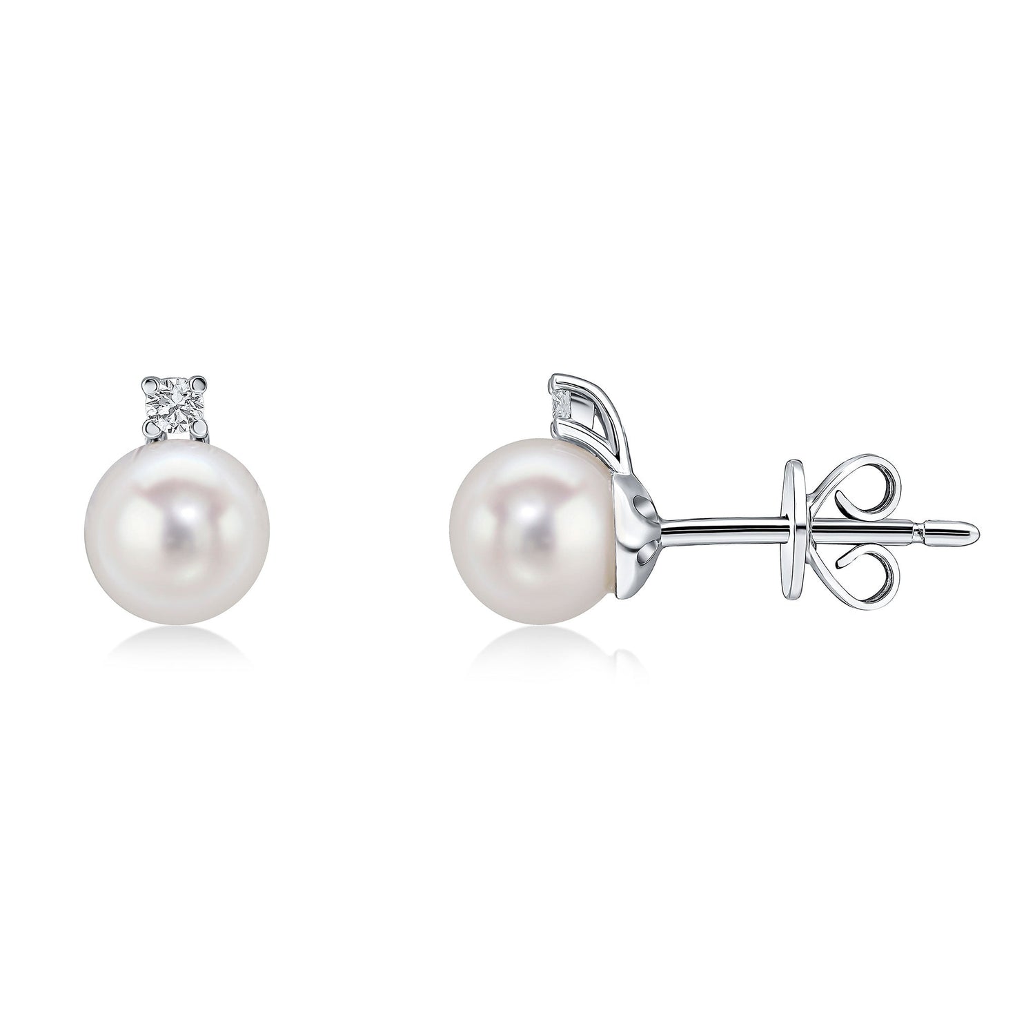 18ct White Gold Natural Freshwater Cultured Pearl and Diamond Two Stone Stud Earrings — 6mm