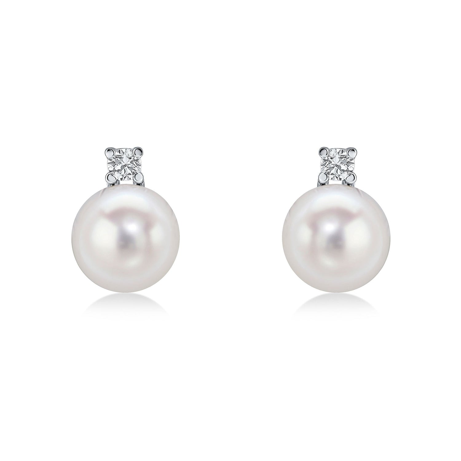 18ct White Gold Natural Freshwater Cultured Pearl and Diamond Two Stone Stud Earrings — 6mm