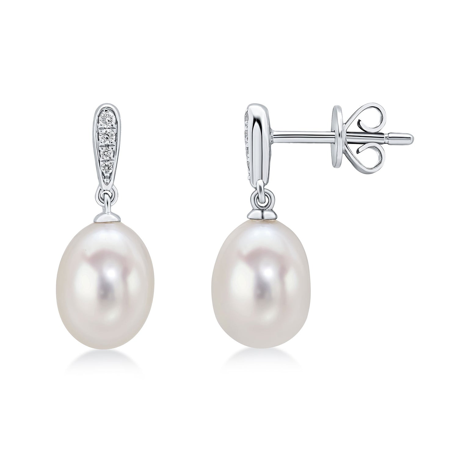 18ct White Gold Natural Pearl and Diamond Line Drop Earrings — 20mm