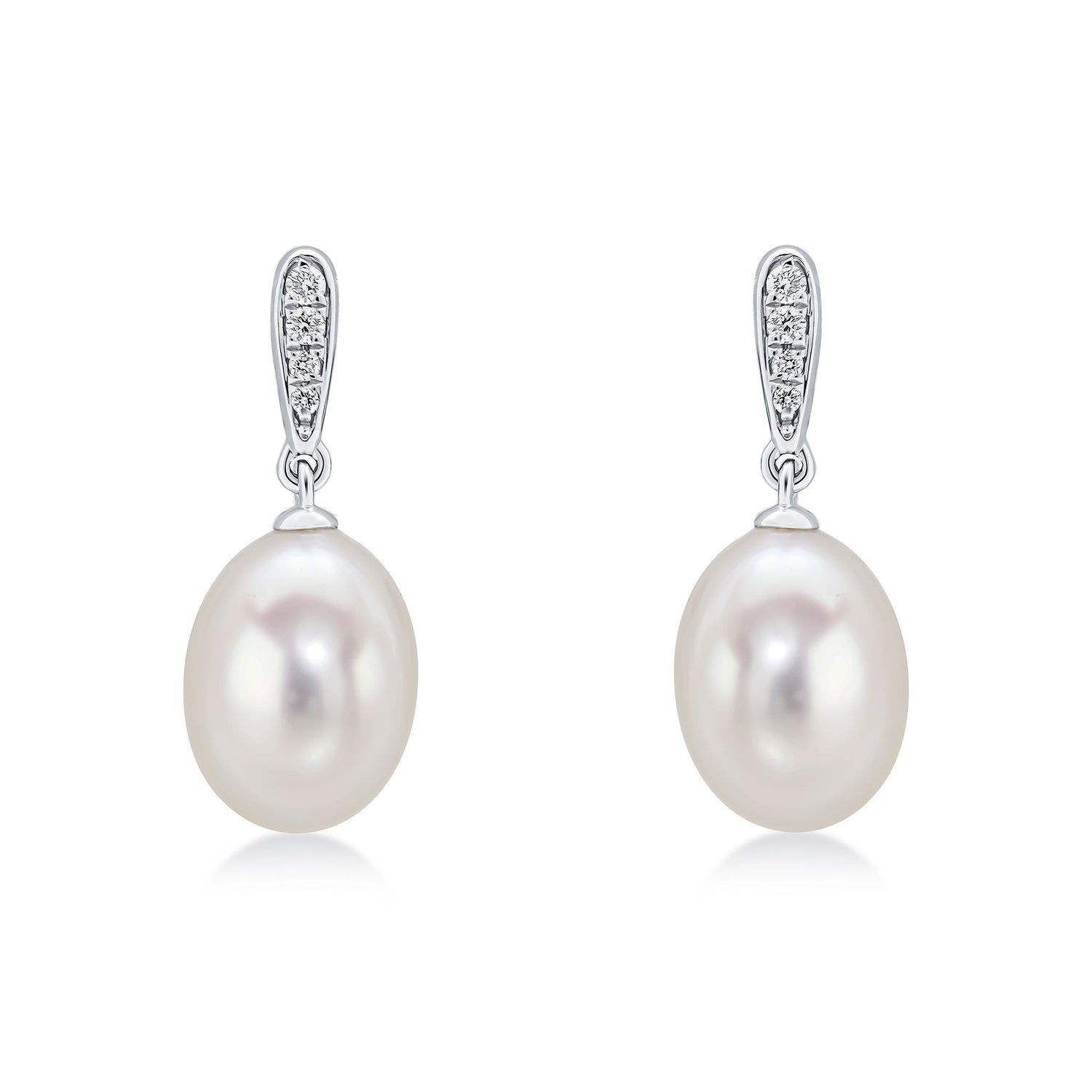 18ct White Gold Natural Pearl and Diamond Line Drop Earrings — 20mm