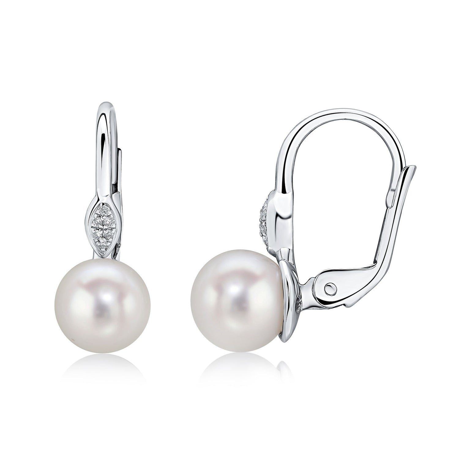 18ct White Gold Cultured Natural Freshwater Pearl and Pave Diamond Marquise Top Hook Earrings — 7-7.5mm