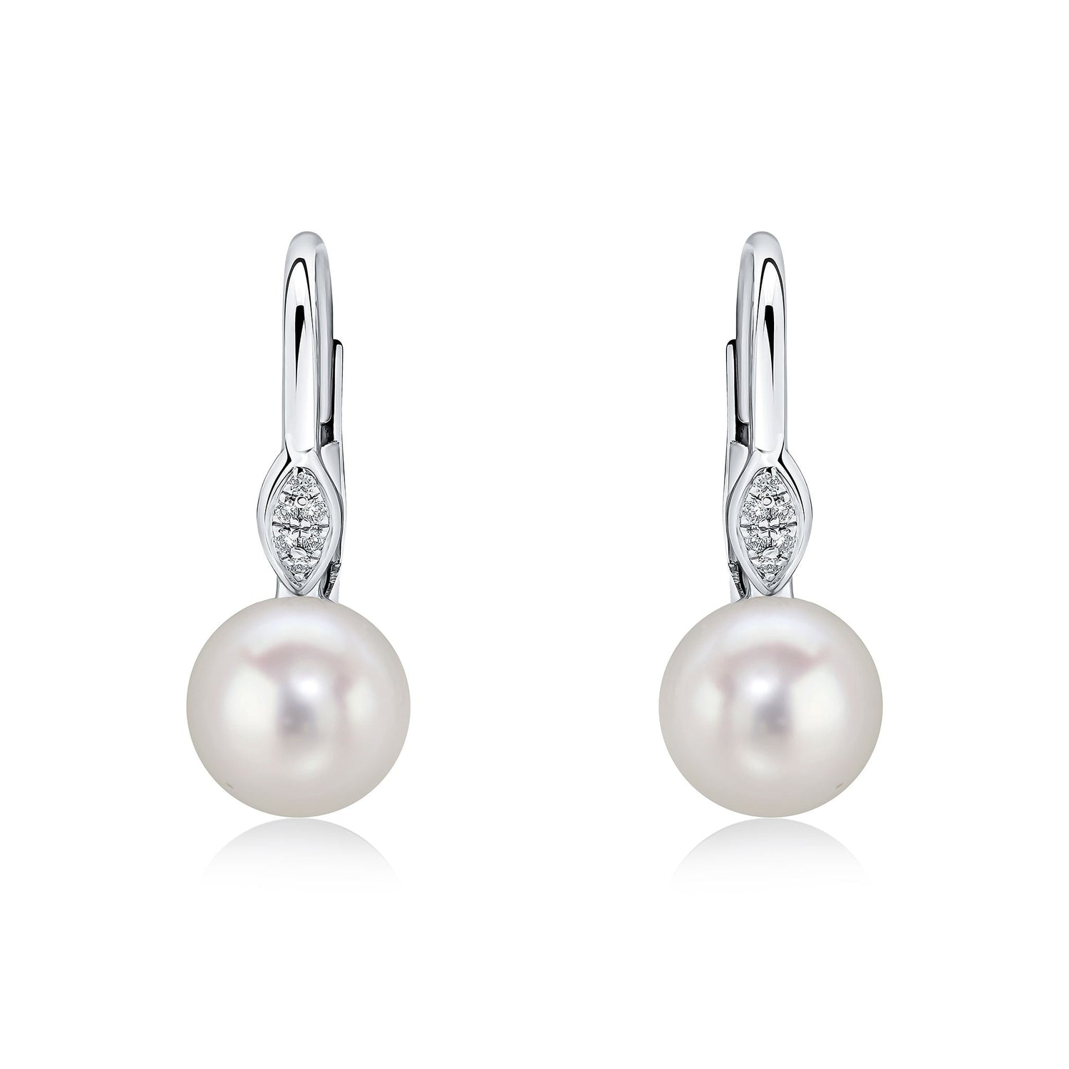 18ct White Gold Cultured Natural Freshwater Pearl and Pave Diamond Marquise Top Hook Earrings — 7-7.5mm