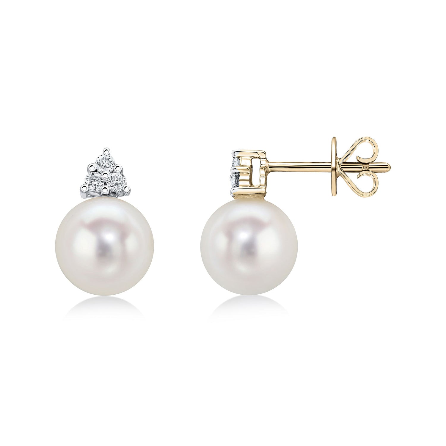 18ct Yellow Gold Natural Diamond Trefoil Top and Cultured Freshwater Pearl Earrings -- 8mm
