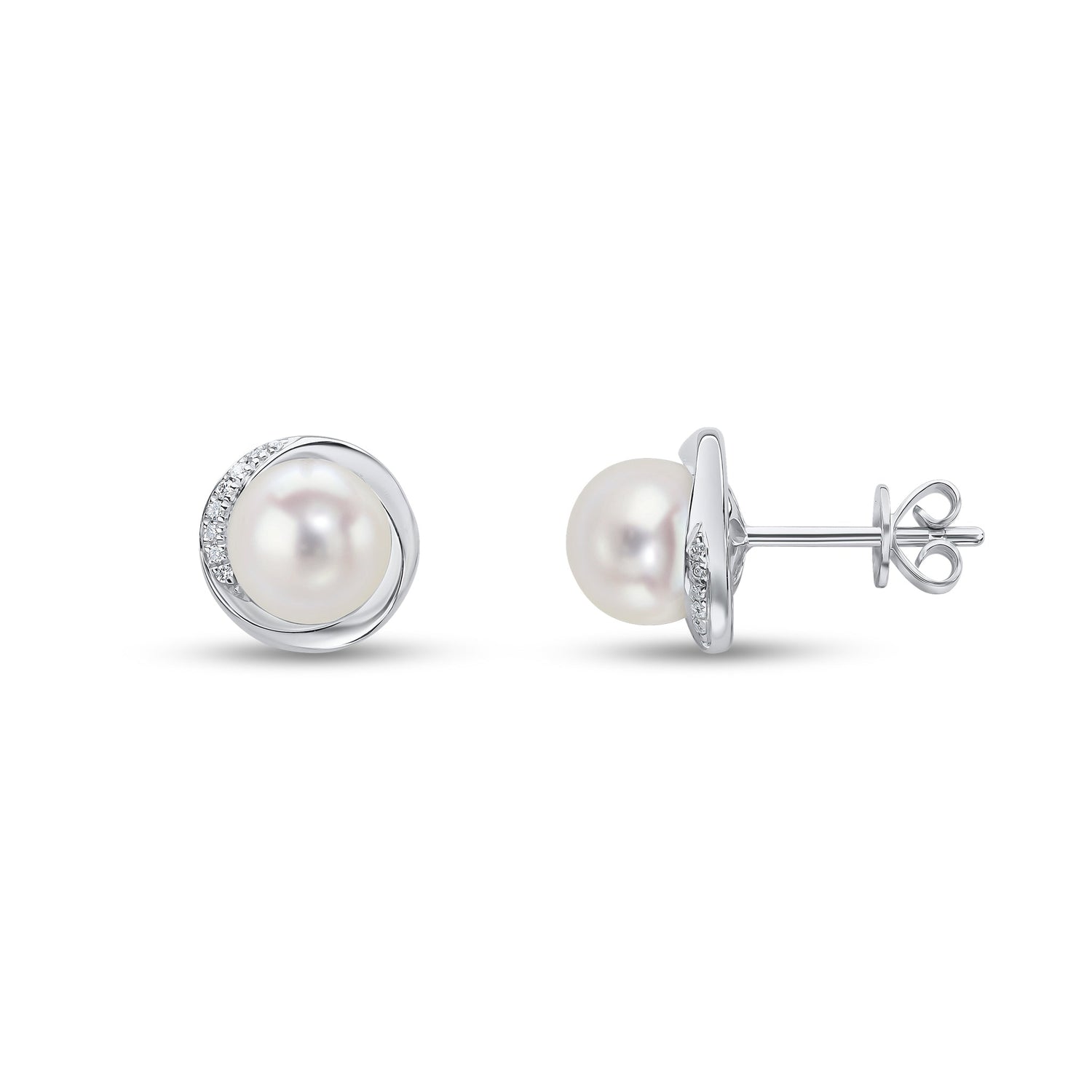18ct White Gold Natural Pearl and Round Diamond Wavy Border Stud Earrings — 17mm