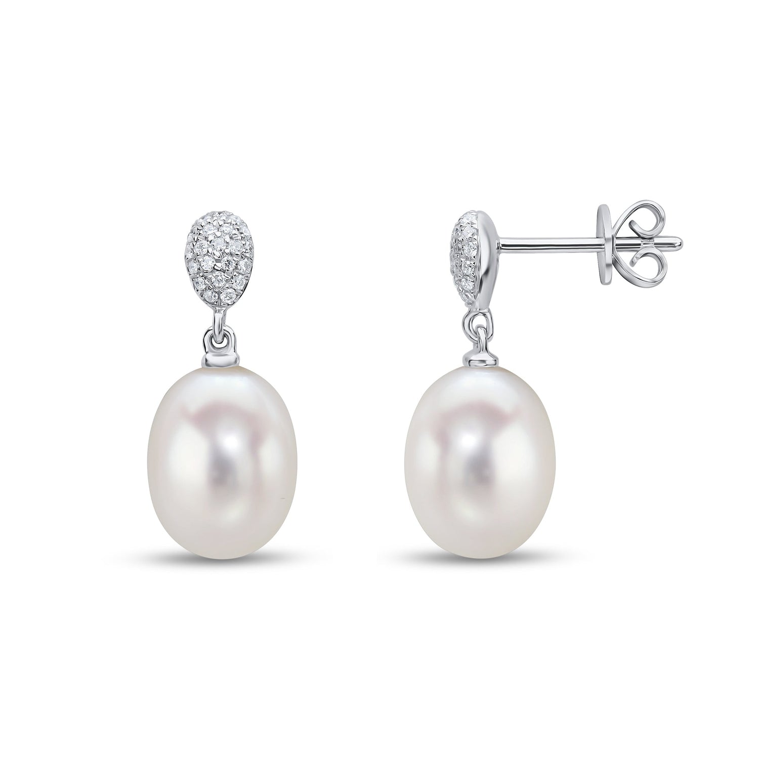 18ct White Gold Natural Pearl and Pave Diamond Oval Top Drop Earrings — 8.5mm